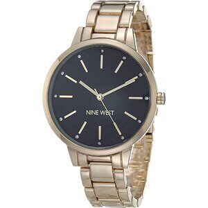 Nine West Women's Gold Band Black Face  Crystal Accented Bracelet Watch